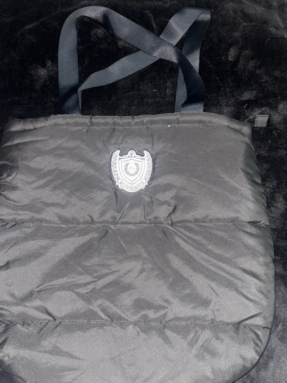 PINK Victoria's Secret Black Quilted Messenger Tote with Crest